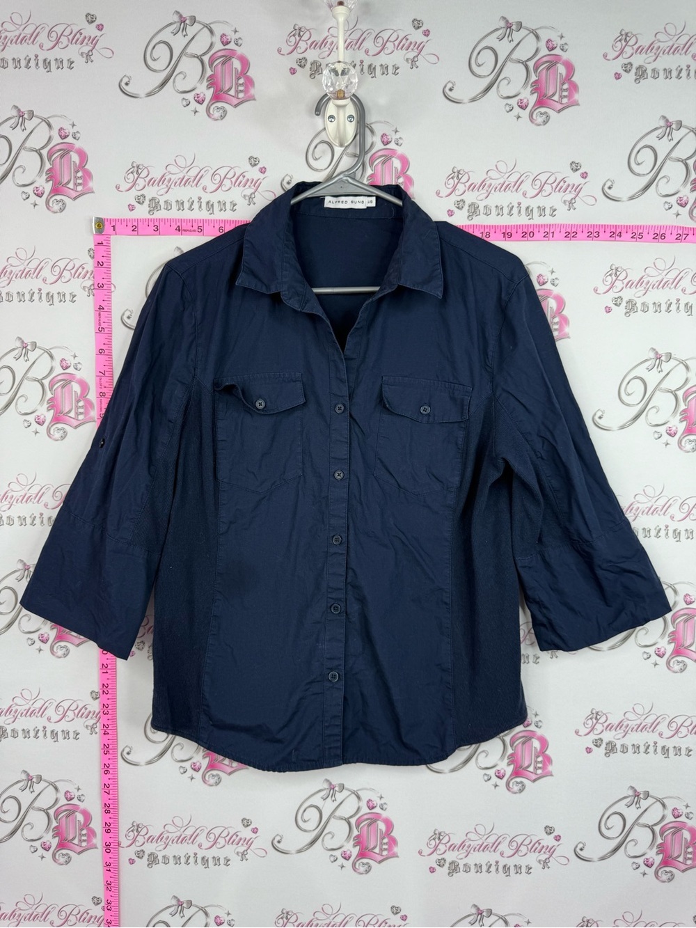 ALFRED SUNG Navy Button-Front Shirt with Chest Flaps